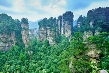 Fototapeta premium asia, china, forest, green, heritage, hunan, landscape, mountain, natural, nature, outdoor, park, rock, sandstone landform, scenery, scenic, stone, tourism, travel, tree, world natural heritage, zhang