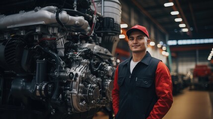Obraz na płótnie Canvas engineer in full uniform checking big engine in factory of industry, Generative AI