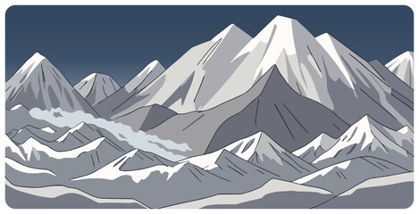 Hand drawn flat graphic vector illustration of abstract mountain landscape with snowcapped triangular peak and sharp mount range silhouettes. Simple  cartoon sketch design in blue gray colors.