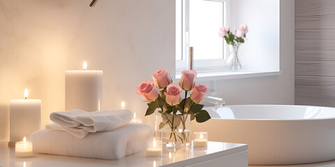 bathroom interior with flowers and candles