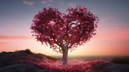 Fototapeta na wymiar cute pink heart shaped tree on blue background