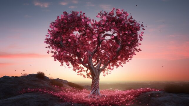 cute pink heart shaped tree on blue background