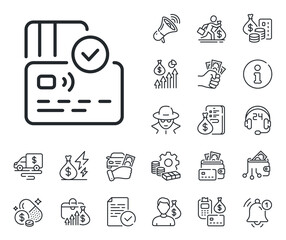 Approved bank money payment sign. Cash money, loan and mortgage outline icons. Credit card line icon. Non-cash pay symbol. Card line sign. Credit card, crypto wallet icon. Vector