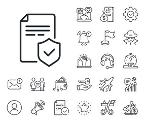 Risk coverage document sign. Salaryman, gender equality and alert bell outline icons. Insurance policy line icon. Policyholder symbol. Insurance policy line sign. Vector