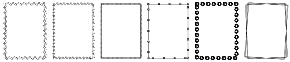 Set of 6 different rectangle frames on white background. Square borders or frames isolated on white, vector illustration. 