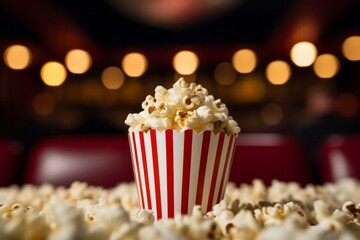 Pop corn sitting inside of movie theatre. Bokeh light background. Cinema concept