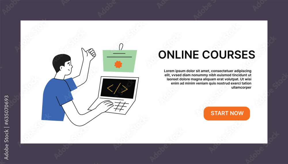 Poster computer online courses, ui layout page, web banner with hand drawn illustration, vector interface f