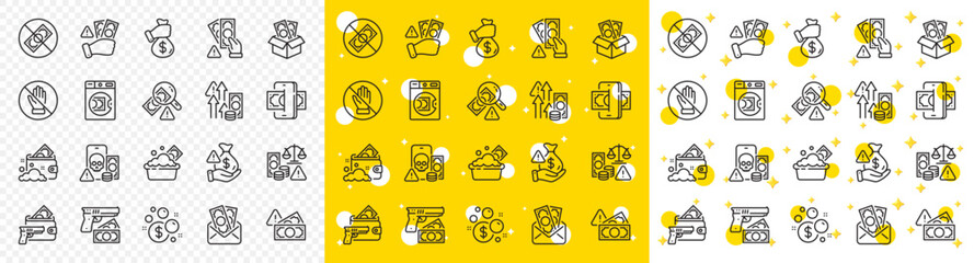 Fraud, Online thief and Steal cash set. Money crime line icons. Phishing robbery, launder money crime and tax offense line icons. Financial evasion, online fraud and wallet cash. Vector