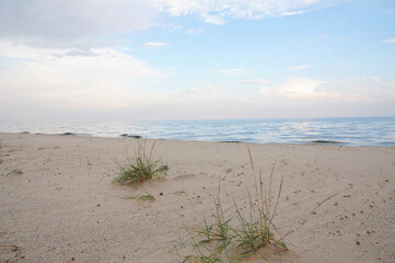 Beautiful morning sand beach after sea storm.