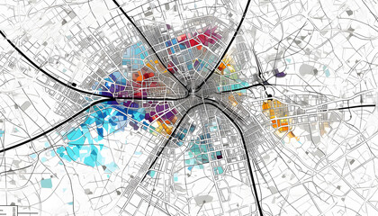 Colored City Map with Road Network, Detailed pointed map illustration