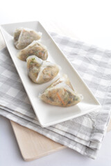 steamed handmade crystal vegetable prawn shrimp dumpling har gao in bamboo basket on white background vegan appetiser dim sum snack Halal food restaurant cuisine menu for cafe