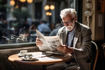 Gray elderly man reading newspaper sitting on the cafe terrace