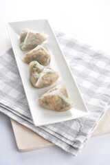 steamed handmade crystal vegetable prawn shrimp dumpling har gao in bamboo basket on white background vegan appetiser dim sum snack Halal food restaurant cuisine menu for cafe