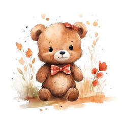 AI generated, cute teddybear in watercolor style illustration on white background. Beautiful illustration for a children’s book, postcards, napkins. Cute sweet little bear.