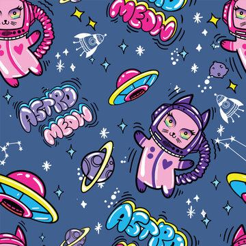 Kids cute seamless pattern with cat in space. Space background. print for T-shirts, textiles, wrapping paper, web. 
