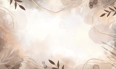 Watercolor neutral earth tones background. Watercolor art background with paint brush and gold line art. 