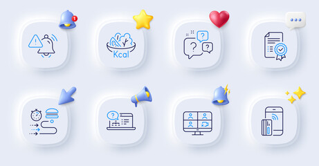 Certificate, Question bubbles and Food delivery line icons. Buttons with 3d bell, chat speech, cursor. Pack of Salad, Contactless payment, Video conference icon. Vector