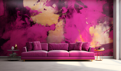 Modern Interior Design. Comfortable Sofa in a Luxurious Purple Living Room