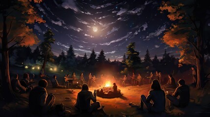 A group of young people gathered around a roaring bonfire, singing and chatting into the night, sharing warmth and camaraderie. Generative AI