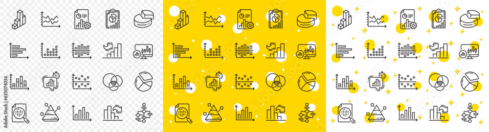 Poster report, 3d chart, block diagram and dot plot graph linear icons. charts and diagrams line icons. tre