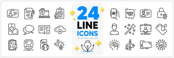 Icons set of Smartphone waterproof, Block diagram and Fingerprint lock line icons pack for app with Computer, Metro, Technical info thin outline icon. Checklist, Eco energy, Empower pictogram. Vector