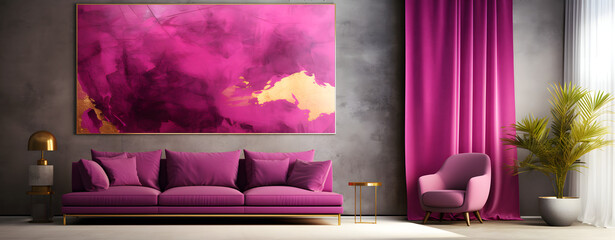 Modern Interior Design. Comfortable Sofa in a Luxurious Purple Living Room