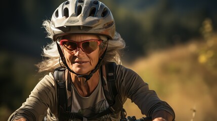 Active middle-aged woman in helmet rides a bike path on a bike in a forest park. Active life in golden years