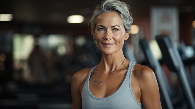 Middle-aged woman fitness instructor doing exercises in jym