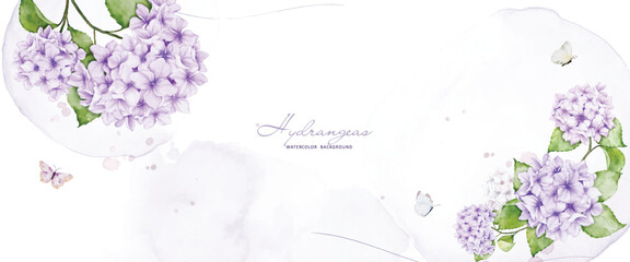 Horizontal background with purple hydrangea, butterflies and stains