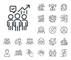 Fototapeta na wymiar Meeting report sign. Specialist, doctor and job competition outline icons. Business statistics line icon. Employees working results symbol. Business statistics line sign. Vector