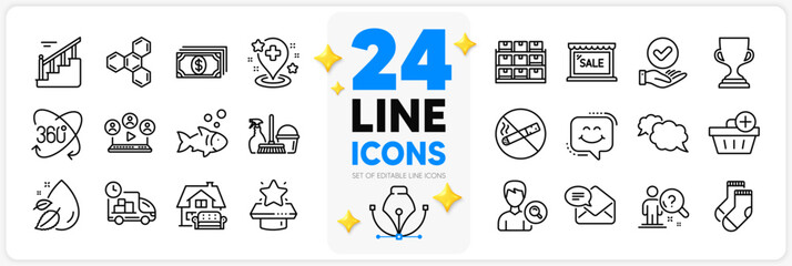 Icons set of Search employee, Smile chat and Approved checkbox line icons pack for app with Household service, Add purchase, Storage thin outline icon. Water drop, Payment. Vector