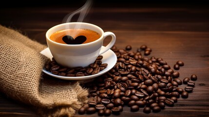 Cup of coffee with heart-shaped steam and coffee beans, Generative AI