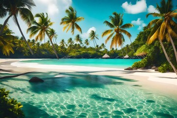 Golden sunlight casts elongated shadows of swaying palm trees on the pristine sands, while gentle waves embrace the shore under a cloudless, azure sky.