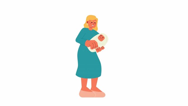 European happy mother with infant 2D characters animation. Carrying baby in hands flat cartoon 4K video, transparent alpha channel. Adoption. Mom holding her baby animated people on white background