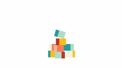 Wooden building blocks 2D object animation. Cubes tower flat cartoon 4K video, transparent alpha channel. Childhood game. Construction skills. Bricks building play animated icon on white background