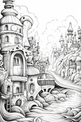 ancient castle in the city, coloring page for adults