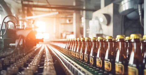 Close up view of a row of beer bottles being processed in a factory.
