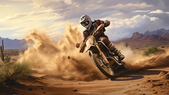 A determined motocross rider accelerating on a dirt track, kicking up dust and gravel as they push for victory. Generative AI