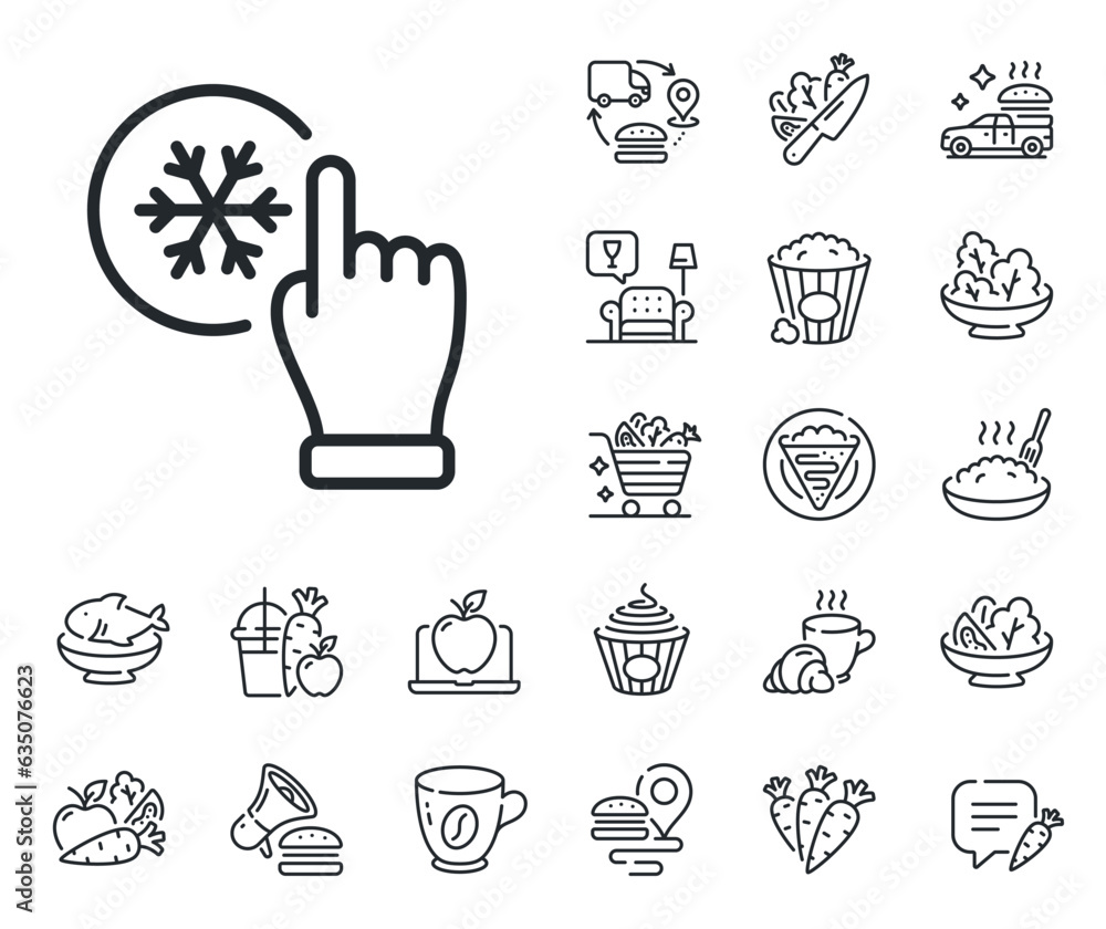 Poster ac cold temperature sign. crepe, sweet popcorn and salad outline icons. freezing click line icon. fr
