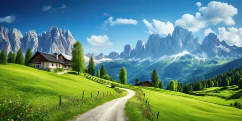 Zelfklevend Fotobehang AI Generated. AI Generative. Green hill mountain nature outdoor house countryside landscape view. Relaxing calm background © Graphic Warrior