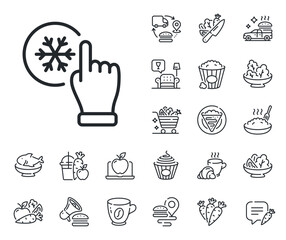 AC cold temperature sign. Crepe, sweet popcorn and salad outline icons. Freezing click line icon. Fridge function symbol. Freezing click line sign. Pasta spaghetti, fresh juice icon. Vector