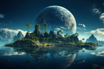 Green tropical island with sky and space background