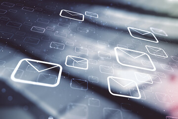 Abstract virtual postal envelopes hologram on abstract metal background, email and notification concept. Multiexposure