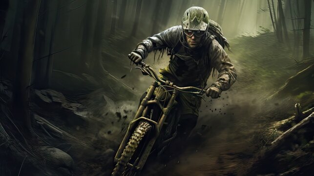 An Adventurous Mountain Biker, Covered In Mud, Skillfully Descending An Extreme Slope At High Speed. Generative AI