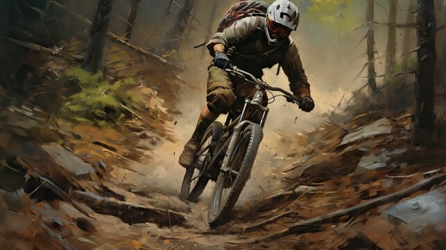 An Adventurous Mountain Biker, Covered In Mud, Skillfully Descending An Extreme Slope At High Speed. Generative AI