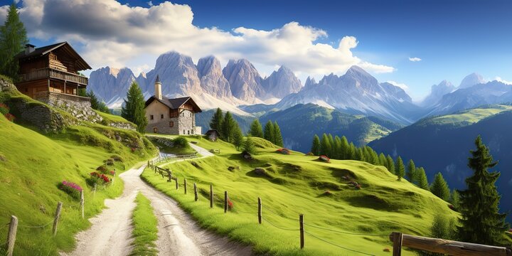 AI Generated. AI Generative. Green hill mountain nature outdoor house countryside landscape view. Relaxing calm background