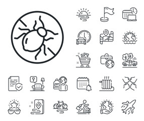 Hypoallergenic sign. Plane jet, travel map and baggage claim outline icons. Mattress bed bugs line icon. Anti-allergic symbol. Bed bugs line sign. Car rental, taxi transport icon. Vector