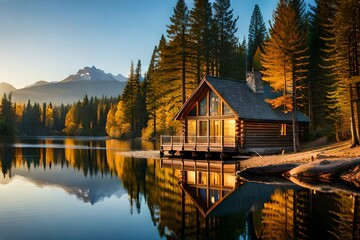 Fototapeta premium reflection of the house in the lake Generated AI