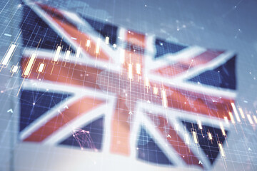 Multi exposure of virtual abstract financial chart hologram and world map on British flag and sunset sky background, research and analytics concept