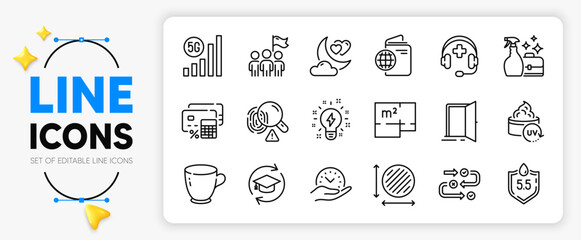 Tea cup, Circle area and 5g wifi line icons set for app include Continuing education, Open door, Fingerprint outline thin icon. Safe time, Inspiration, Floor plan pictogram icon. Vector